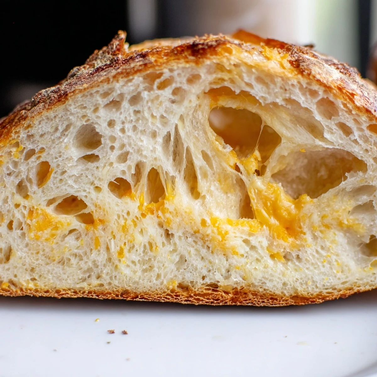 Rustic homemade cheddar bread baked in dutch oven displaying crackly crispy exterior texture