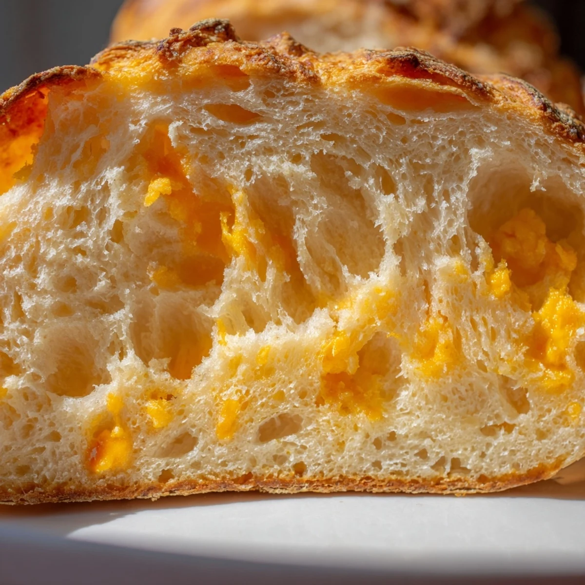 Sliced no knead cheddar bread showing soft tender interior and generous sharp cheese pockets