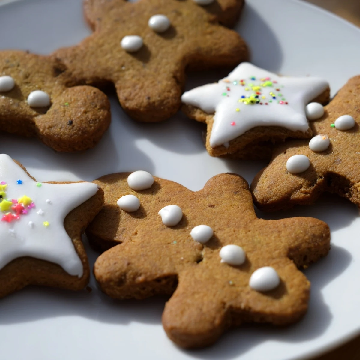 Soft golden gingerbread cookies decorated with white icing and colorful sprinkles on a white platter