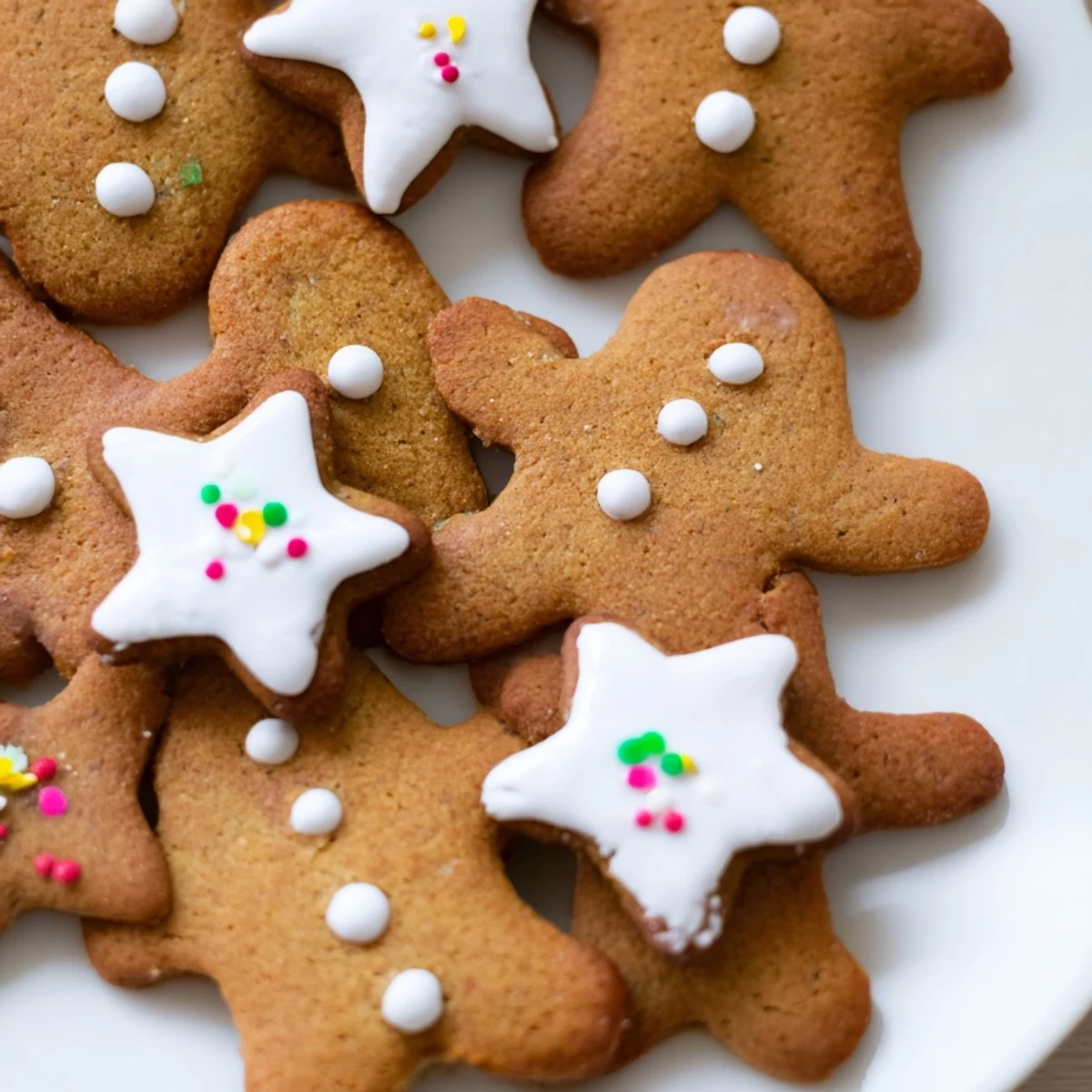 Freshly baked classic cut out gingerbread cookies shaped like stars and hearts with piped royal icing details