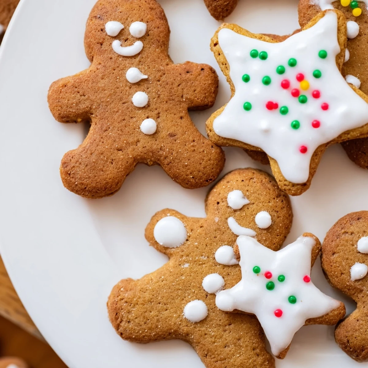 Holiday spice cookies arranged on a wooden cutting board featuring festive shapes and shimmering sugar decorations