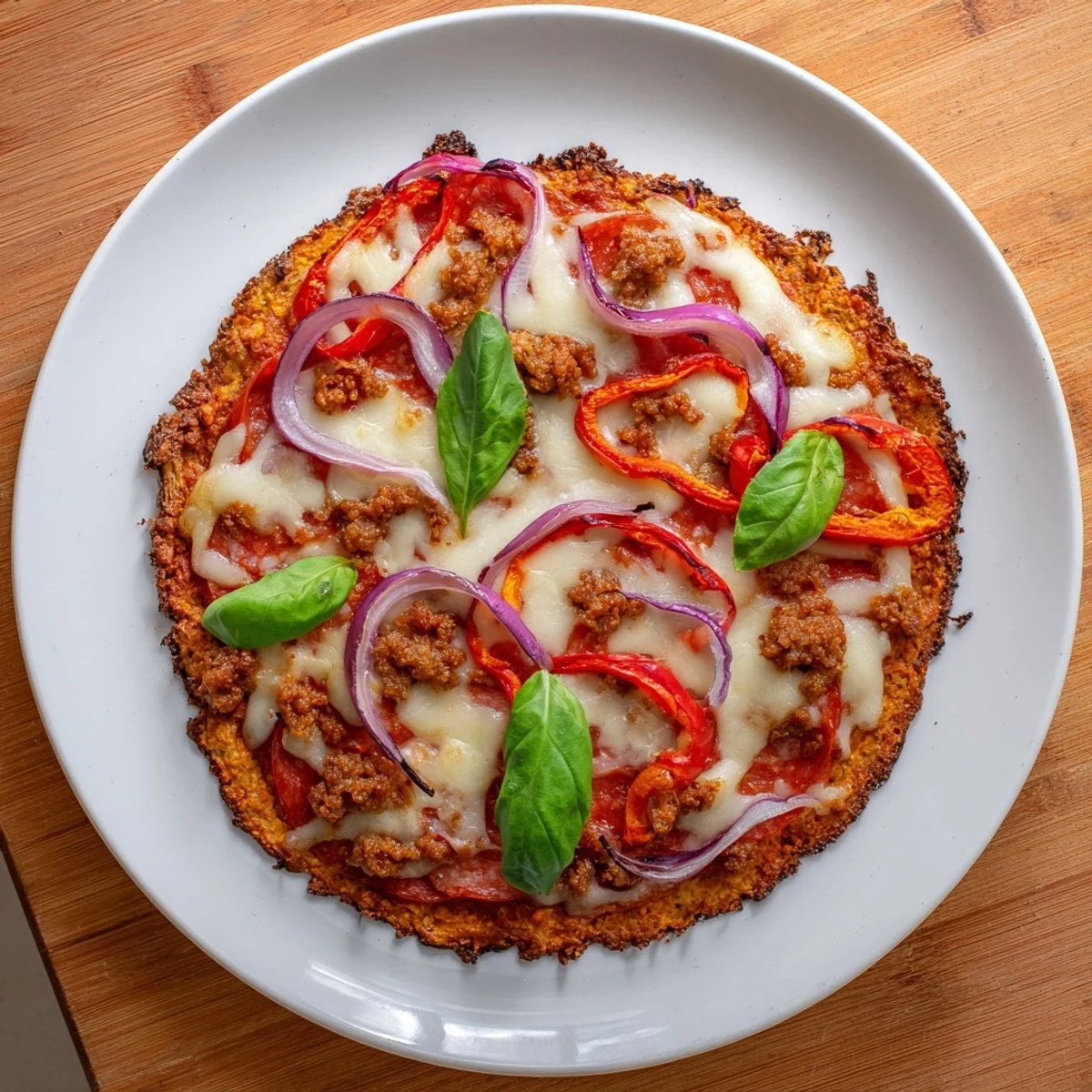Golden brown crispy chicken crust pizza loaded with melted mozzarella and pepperoni toppings