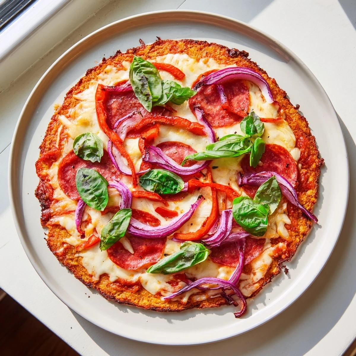 Gluten-free chicken crust pizza baked to golden perfection with vibrant vegetables and basil