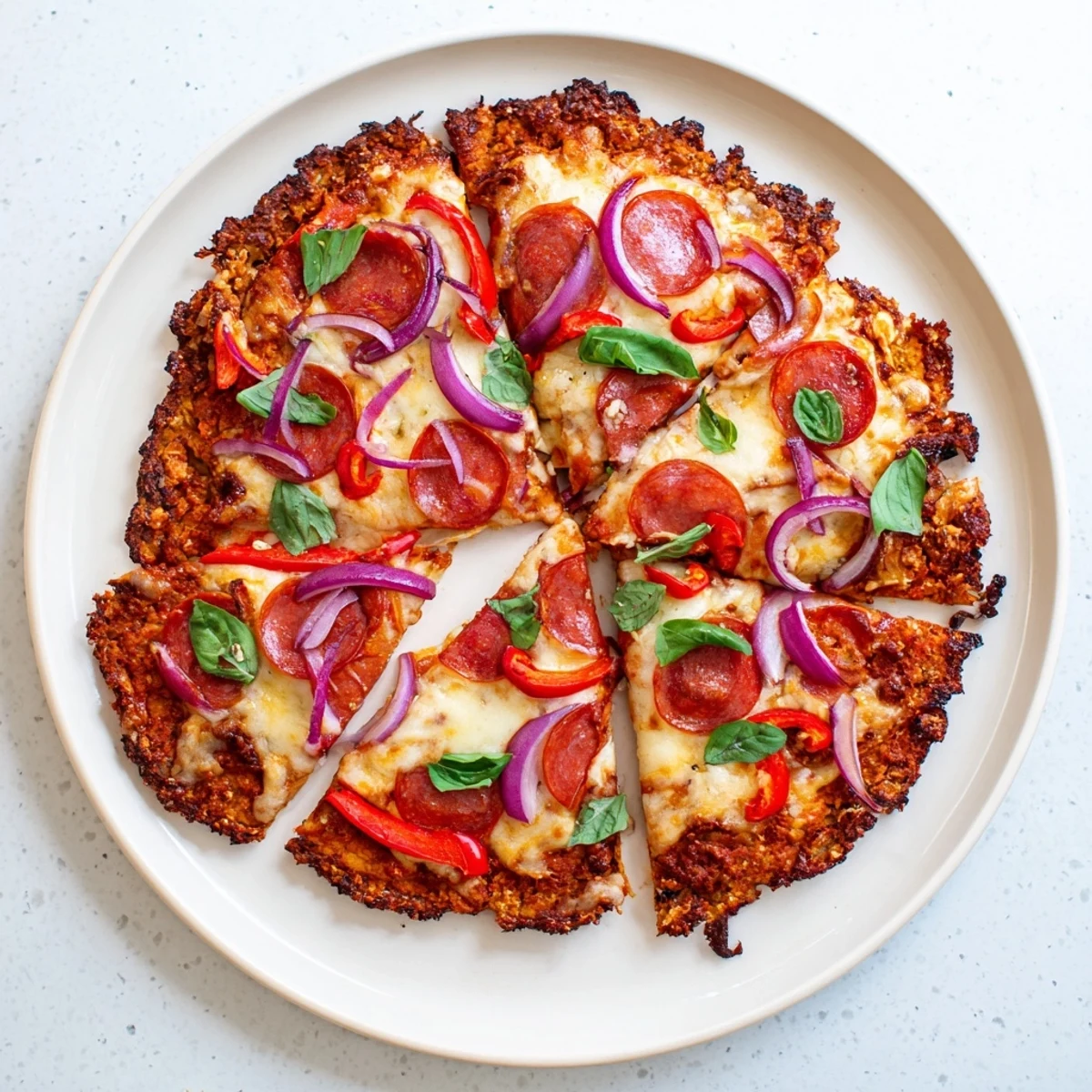 Sizzling low-carb chicken crust pizza featuring bubbling cheese and colorful pepper slices