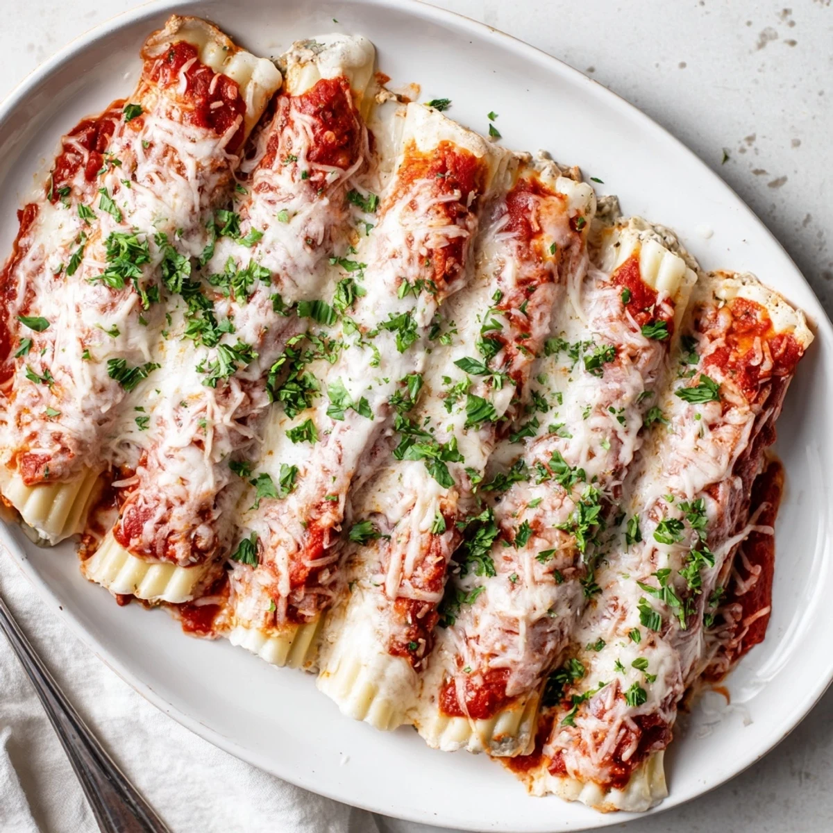 Golden bubbly cheesy stuffed manicotti nestled in rich homemade meat sauce with melted mozzarella topping