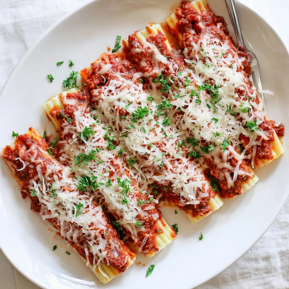 Tender pasta tubes filled with creamy ricotta cheese blend baked in savory seasoned tomato meat sauce