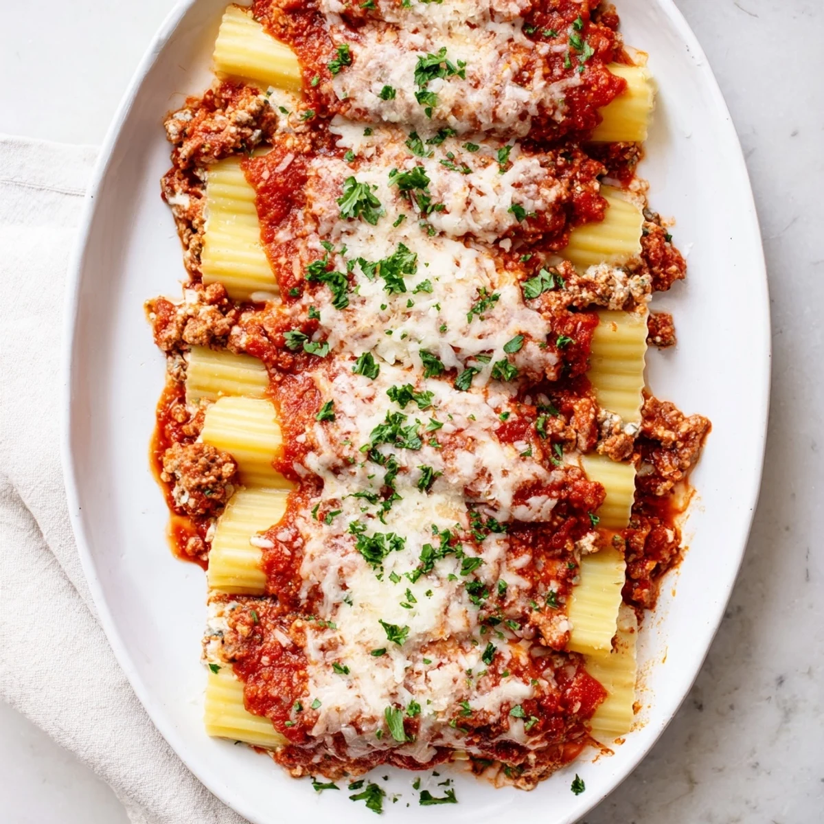 Italian baked manicotti with three cheese filling and hearty ground beef tomato sauce garnished with fresh herbs