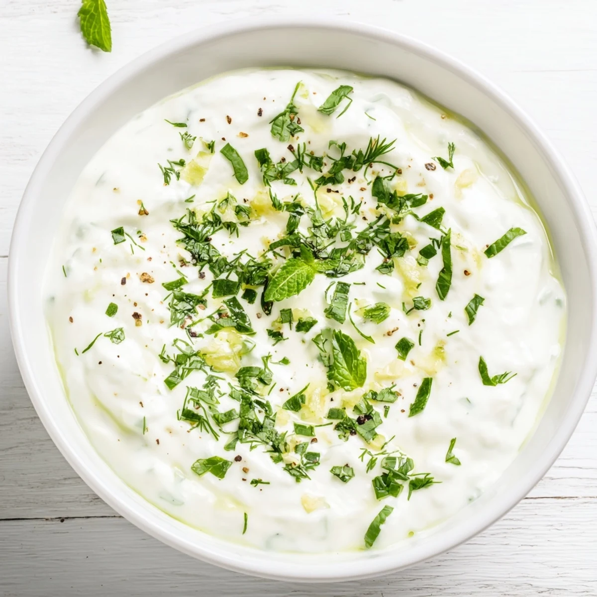 Creamy healthy radish tzatziki dip topped with fresh dill and olive oil drizzle