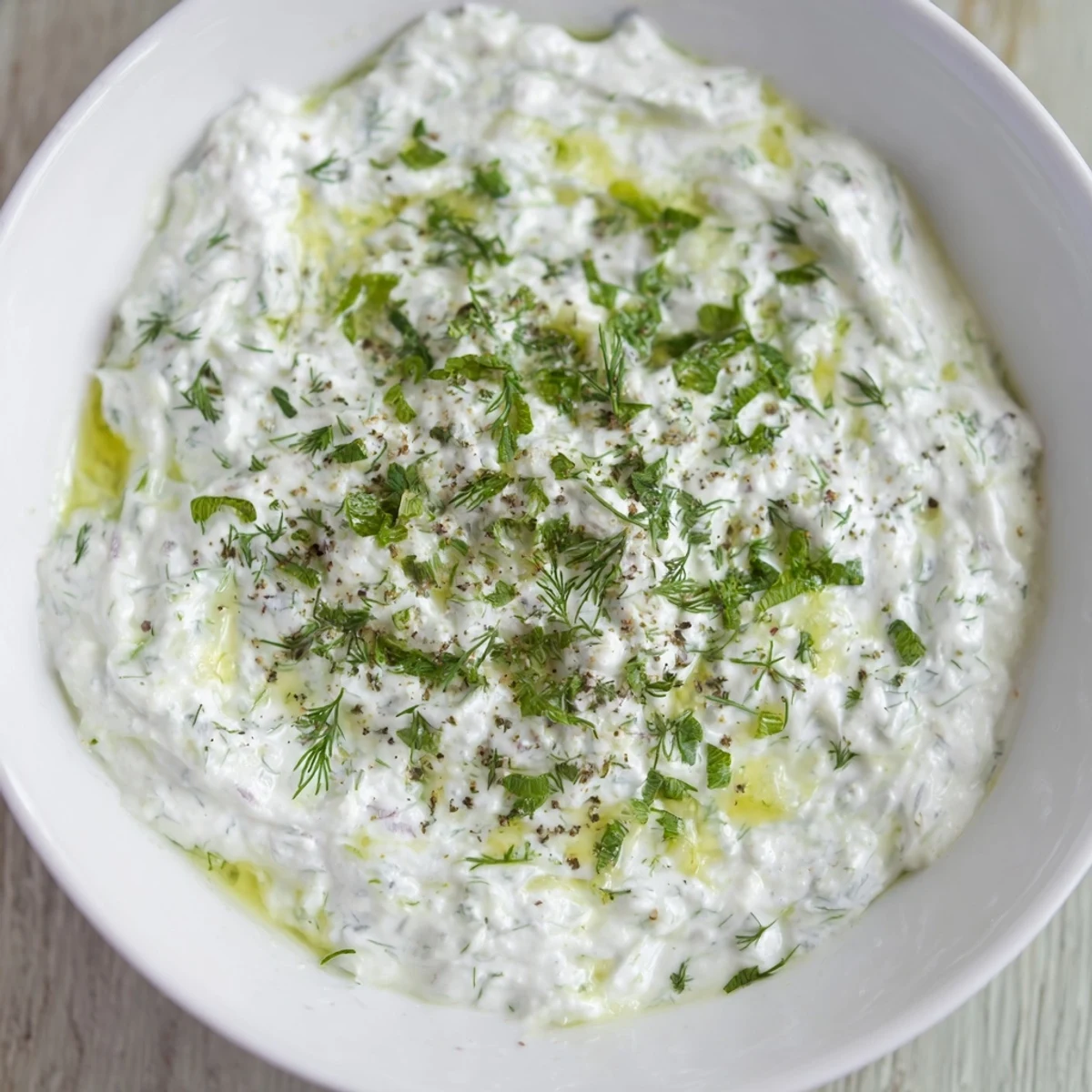 White bowl of crisp radish tzatziki dip served with fresh vegetables and herbs