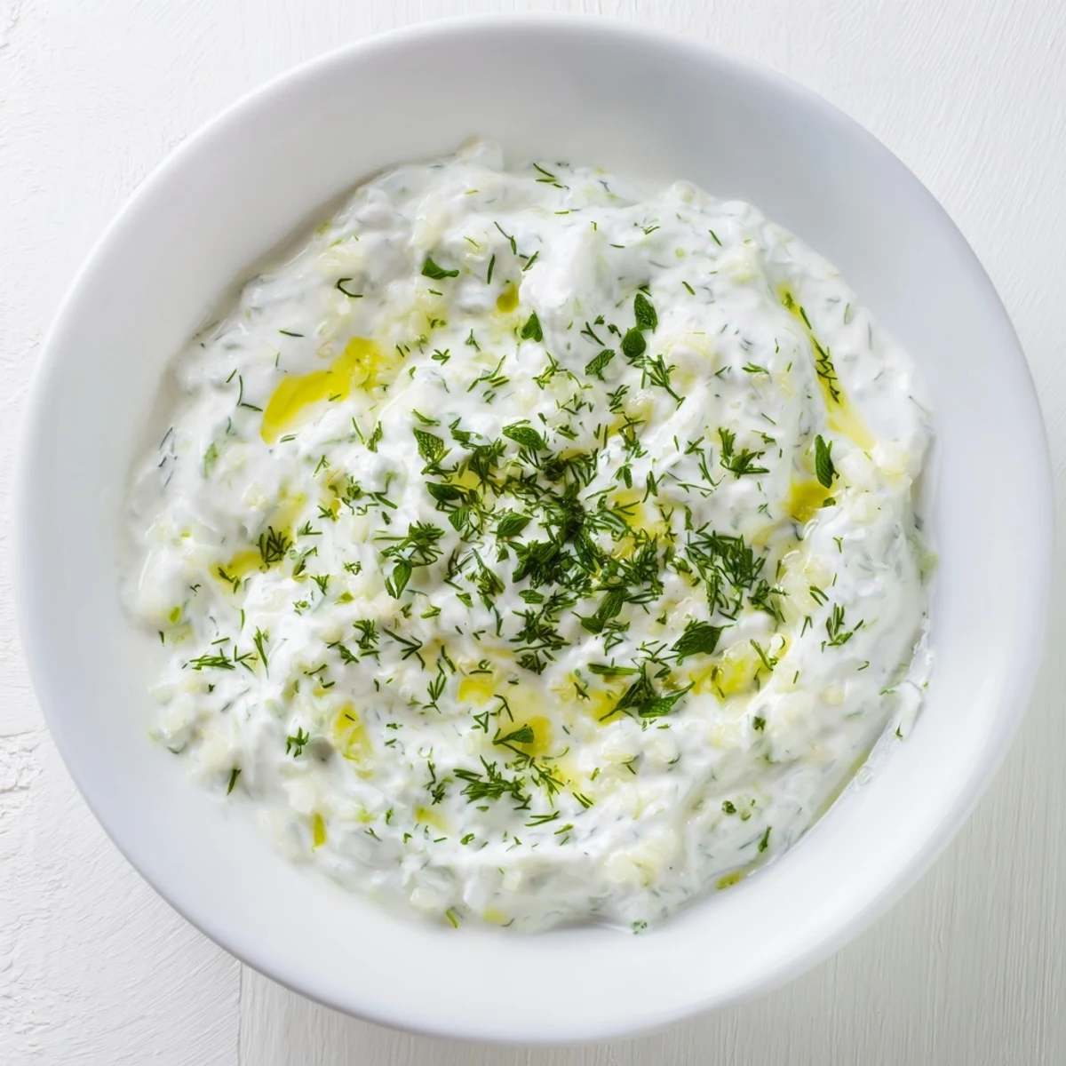Mediterranean healthy radish tzatziki dip garnished with mint and lemon wedges