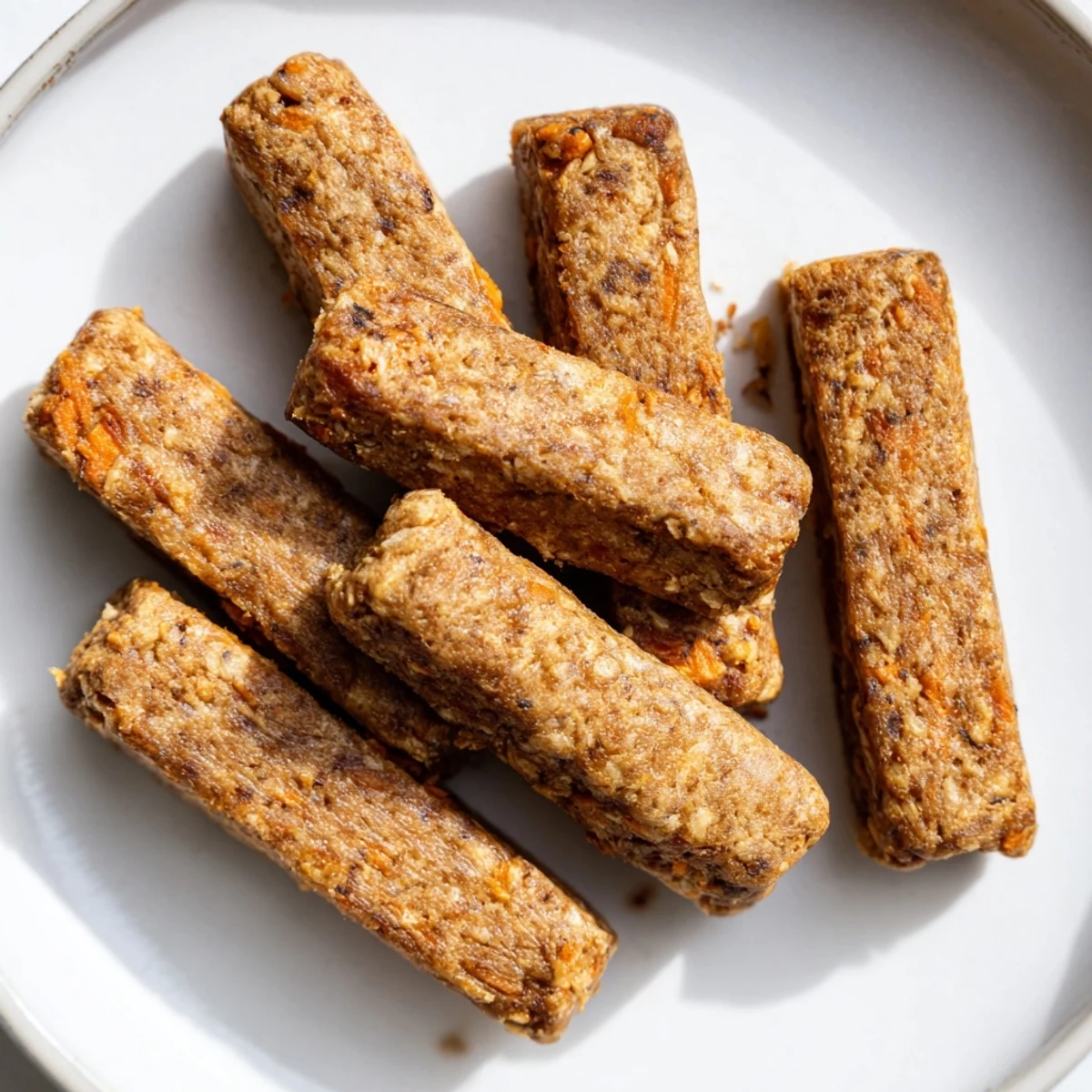 Golden homemade apple and carrot dog chew sticks arranged on a rustic wooden cutting board