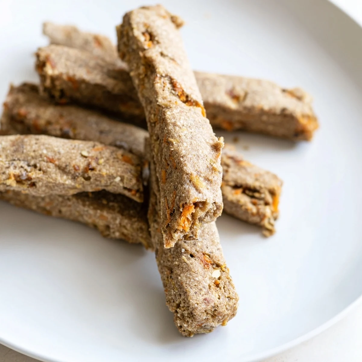 Baked apple and carrot dog chew sticks with a firm, crunchy texture for happy pups