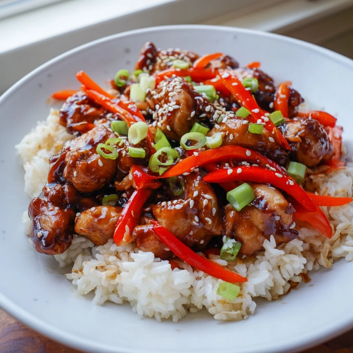 Golden One Pan Korean BBQ Chicken and Rice topped with fresh green onions and sesame seeds