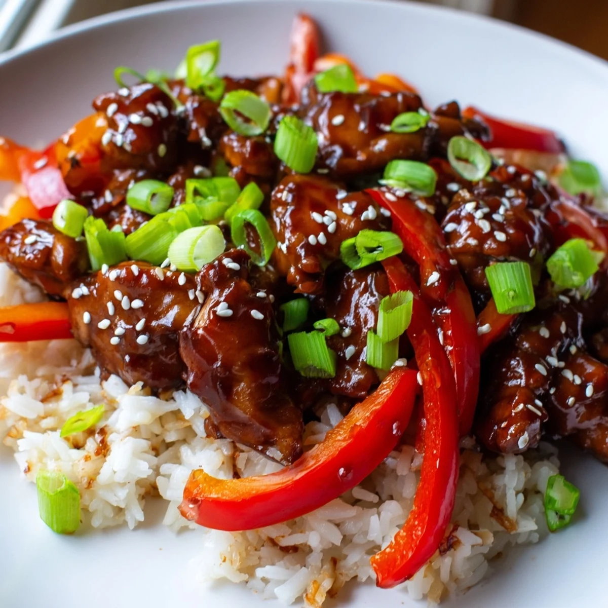 Skillet of One Pan Korean BBQ Chicken and Rice with colorful bell peppers and tender meat