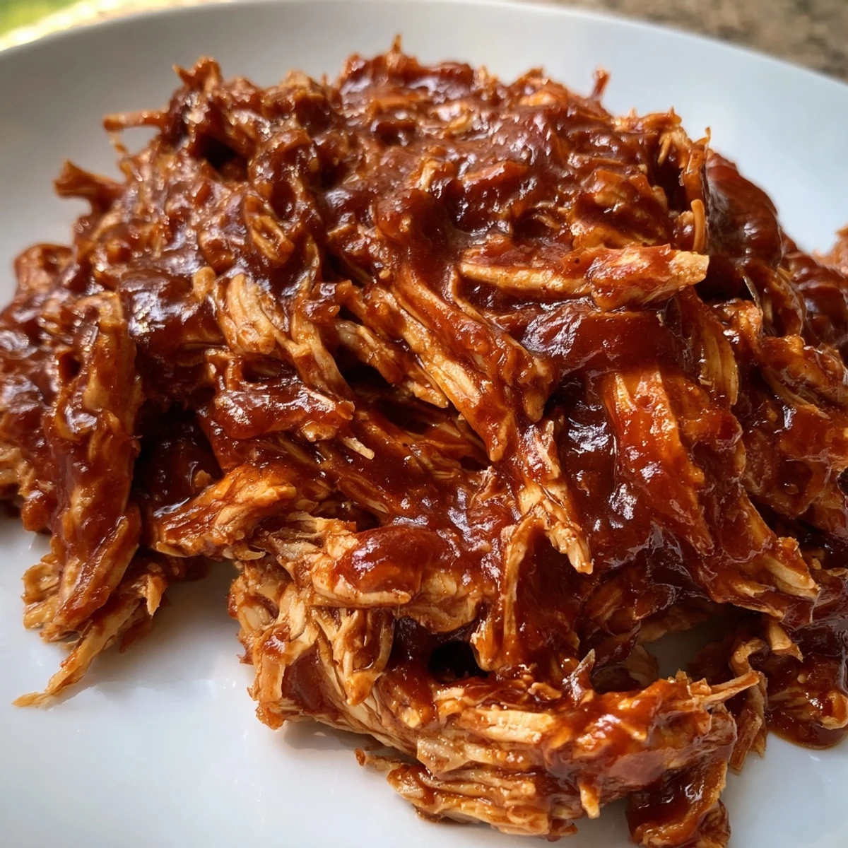 Tender Sweet Baby Ray's Crockpot Chicken glazed with rich, sticky barbecue sauce on a white plate.
