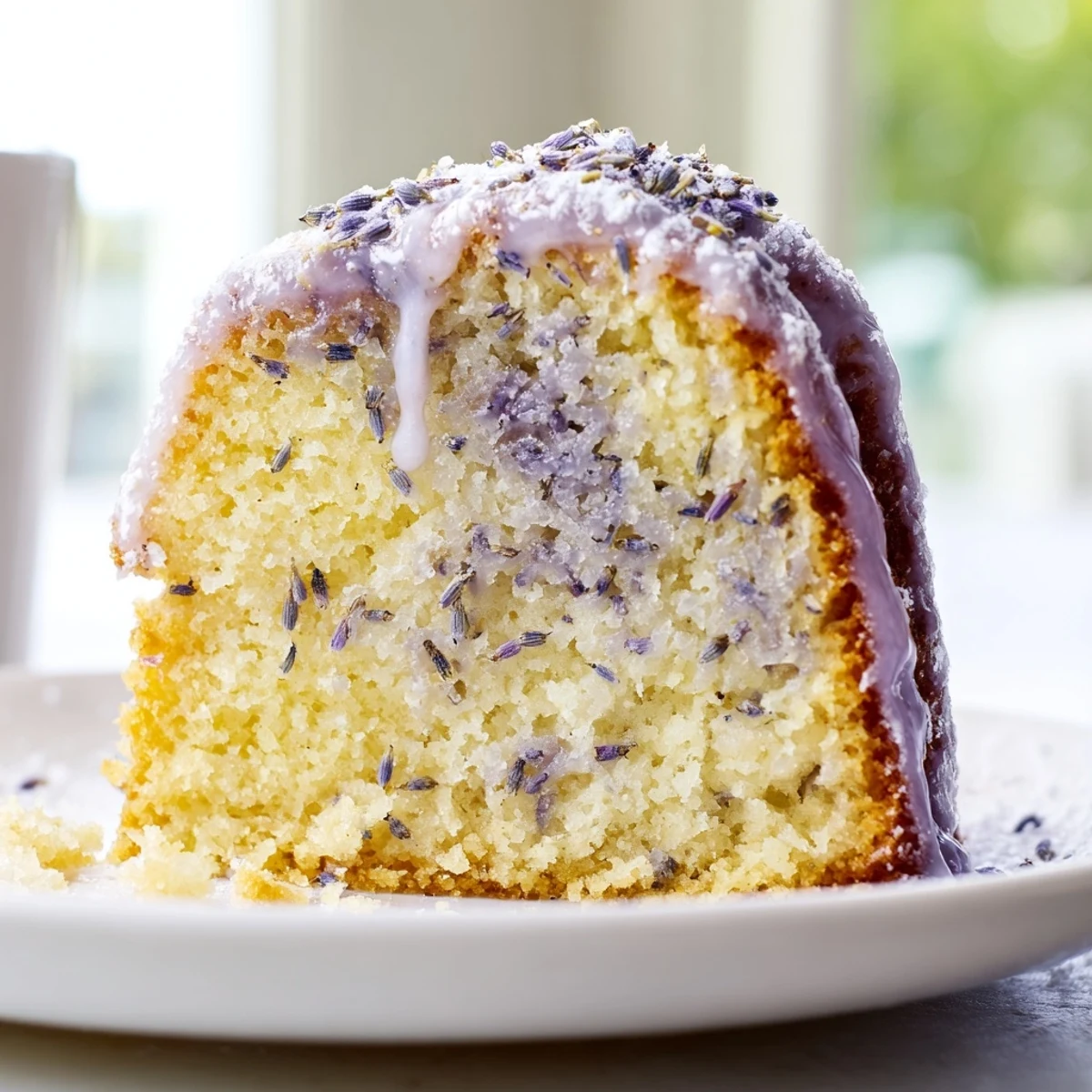 Lavender cake with lemon glaze drizzled over a tender golden crumb sprinkled with purple buds