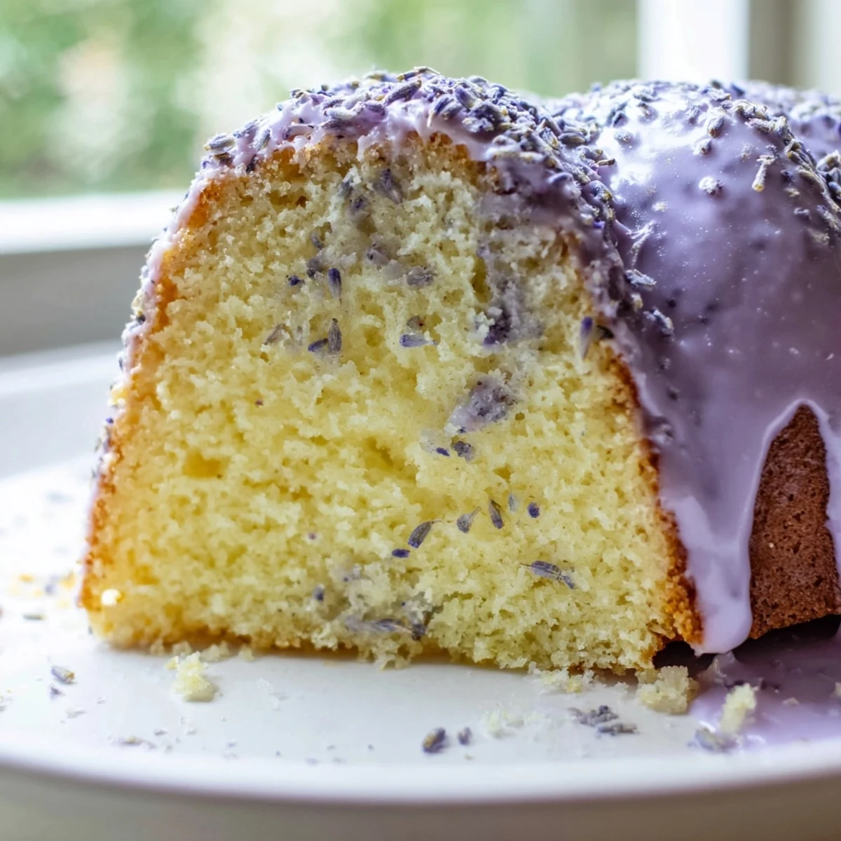 Soft lavender cake slice on a white plate showing the moist interior and speckled purple lavender