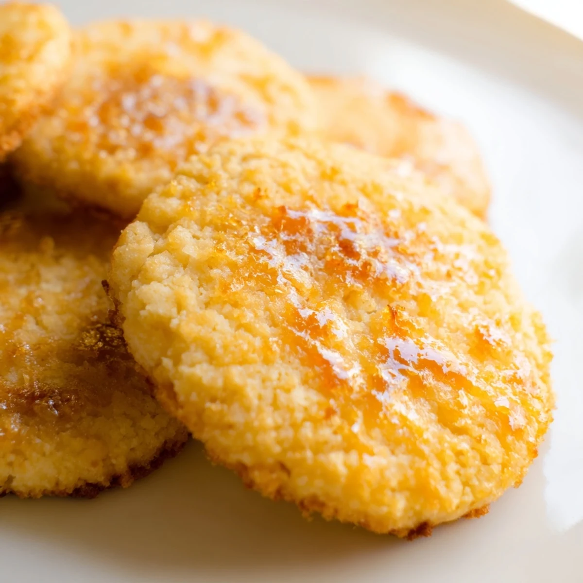 Soft baked creme brulee cookies with golden caramelized sugar tops on rustic white plate