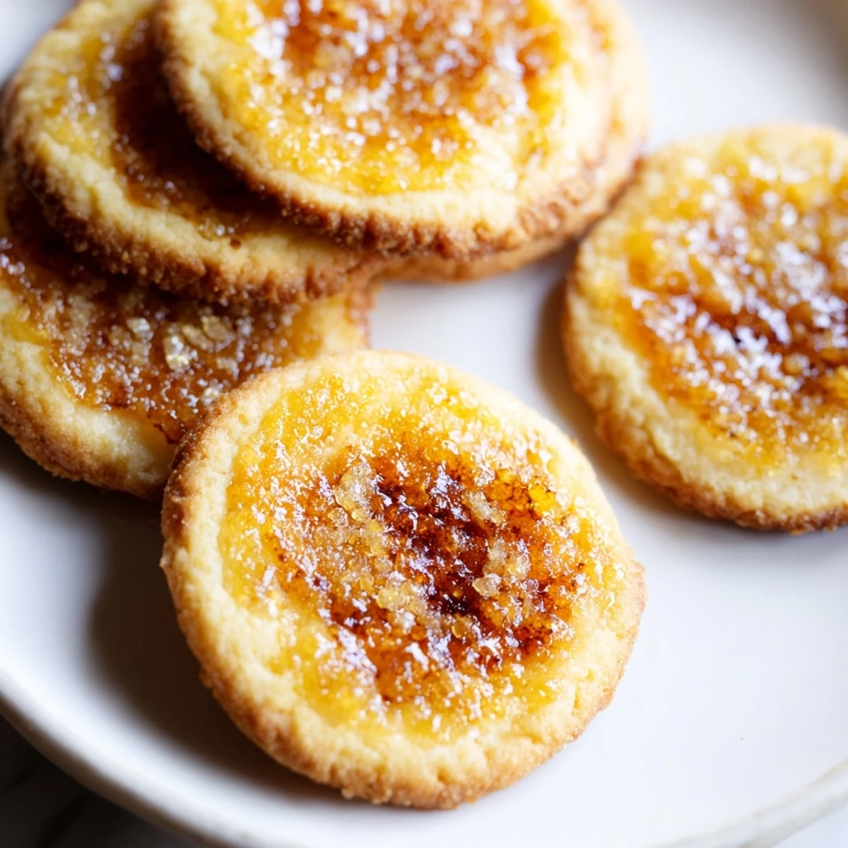 Creamy vanilla filling peeking through soft baked creme brulee cookies with crackly brulee crust