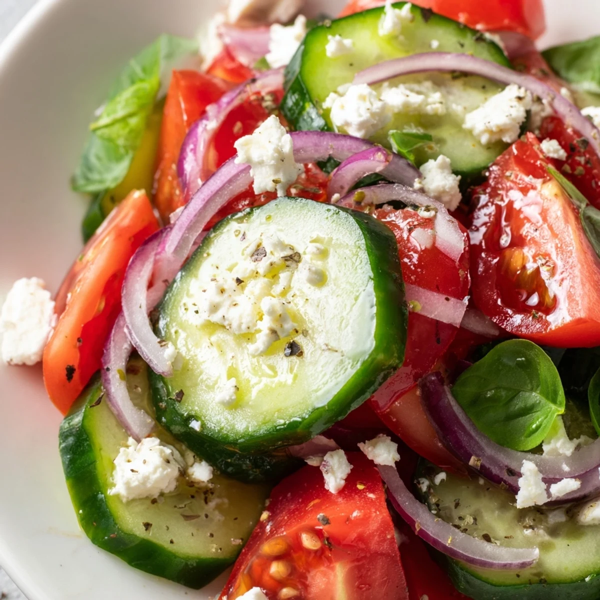 Italian cucumber salad with ripe tomatoes and red onion in zesty herb dressing
