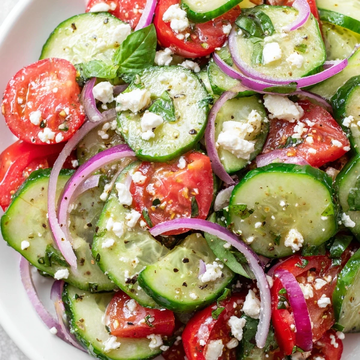 Crisp sliced cucumbers and fresh tomatoes tossed in tangy Italian vinaigrette dressing