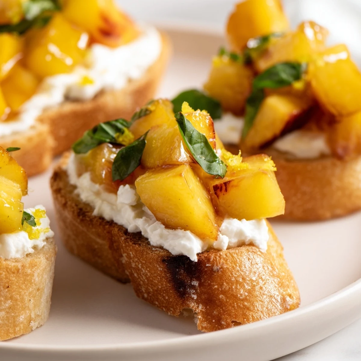Golden toasted baguette slices topped with creamy ricotta and fresh Sun Kissed Peach Bruschetta