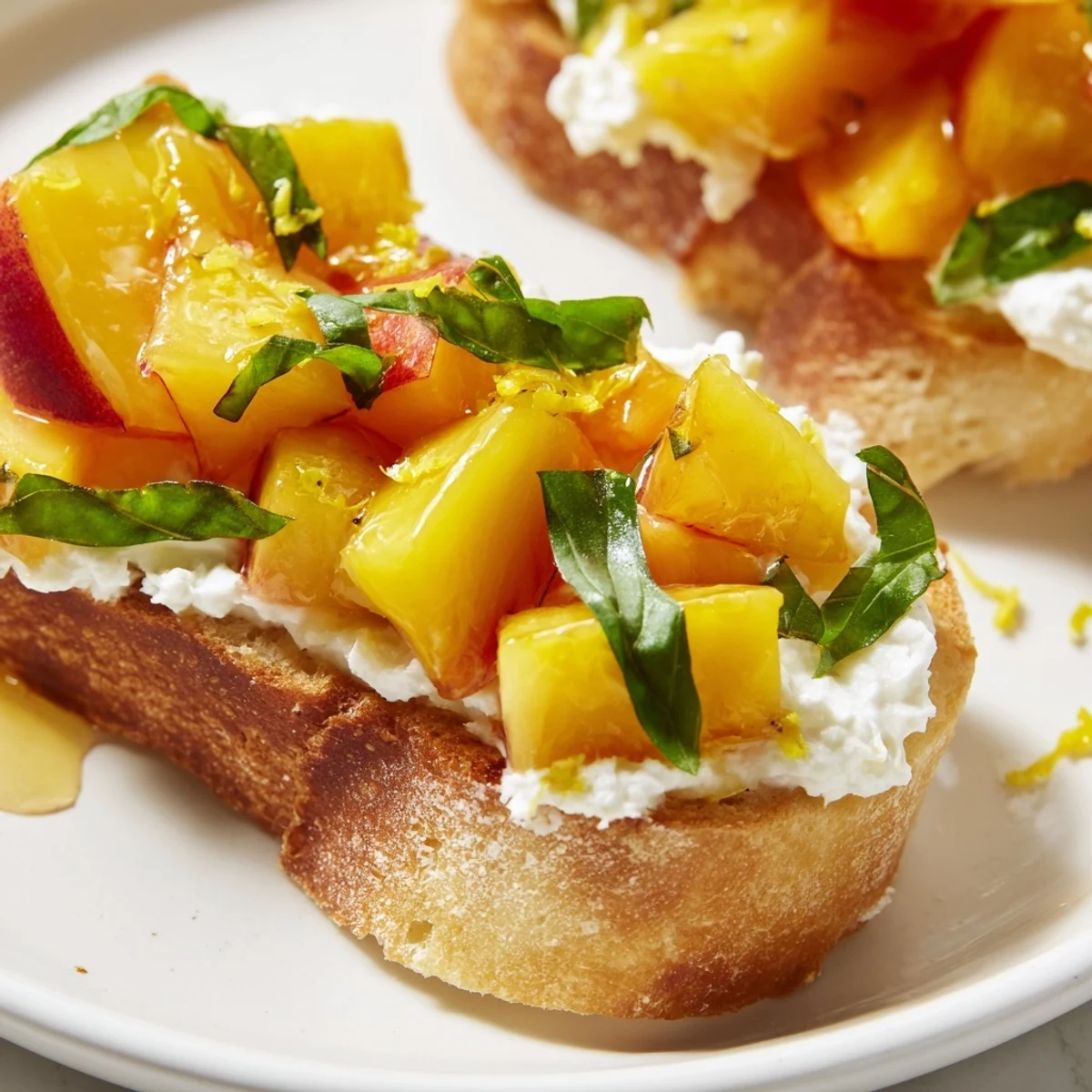 Vibrant Sun Kissed Peach Bruschetta with juicy peaches, basil, and honey drizzle on crisp bread
