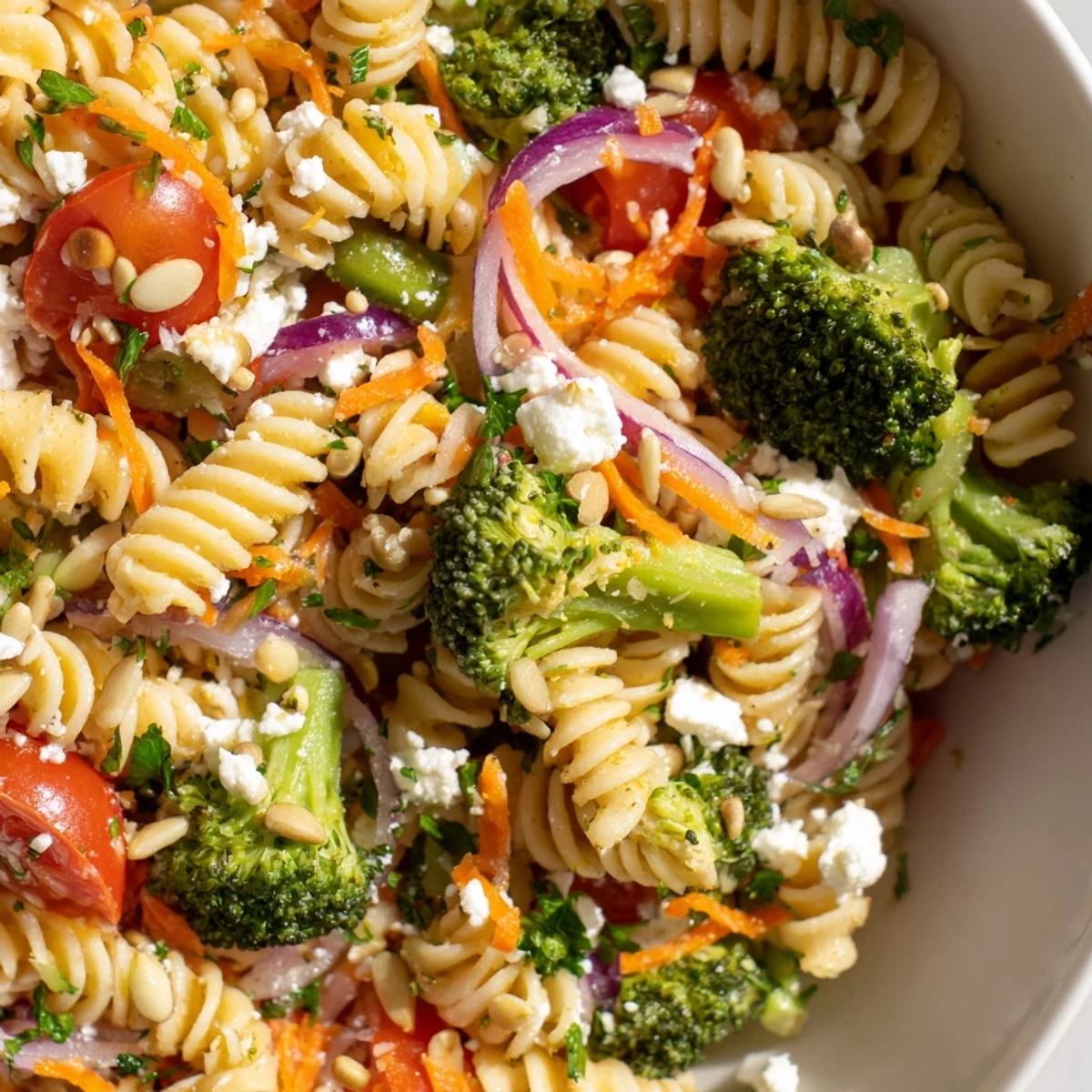 Fresh broccoli pasta salad in a white serving bowl with cherry tomatoes and feta cheese