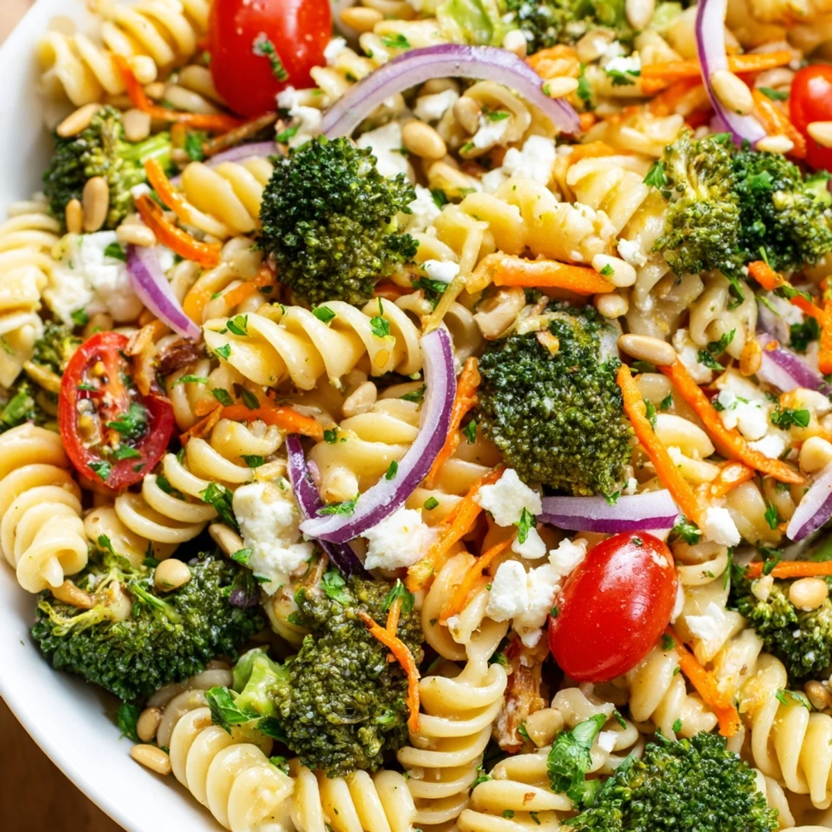 Crisp broccoli pasta salad tossed in zesty lemon dressing topped with toasted sunflower seeds