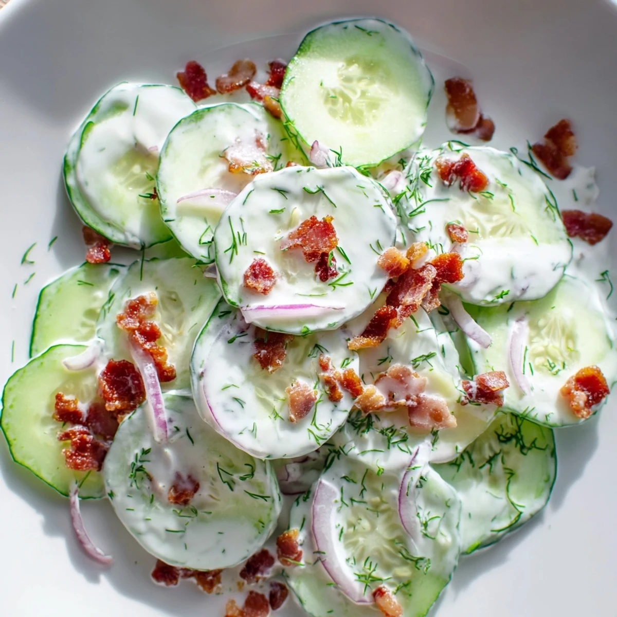 Crispy bacon bits top a vibrant cucumber salad with creamy Greek yogurt dressing