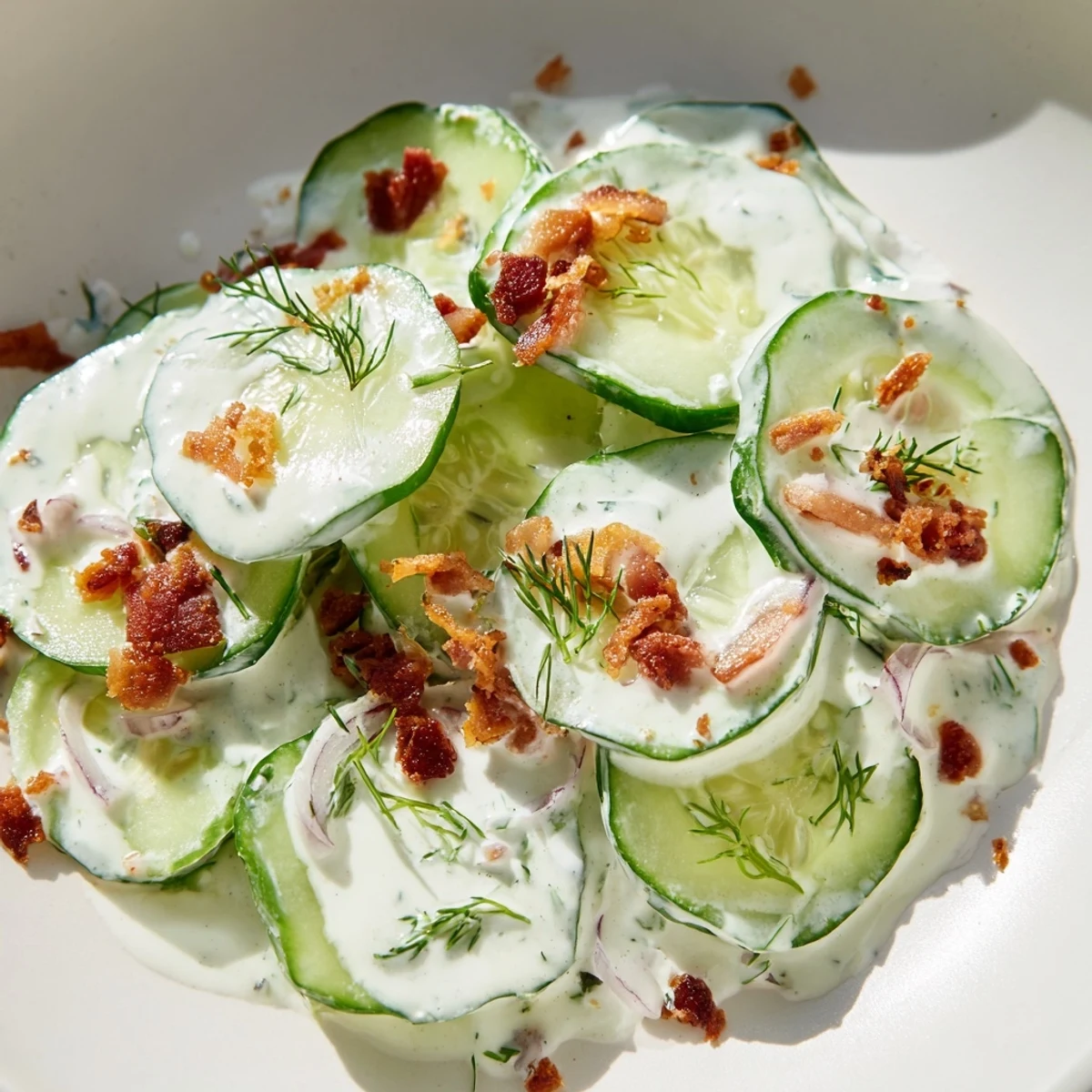 Thinly sliced cucumbers and red onions tossed in tangy healthy cucumber salad dressing