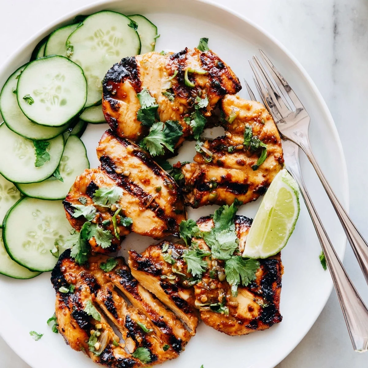 Golden charred Grilled Vietnamese Chicken with visible grill marks and fresh cilantro garnish