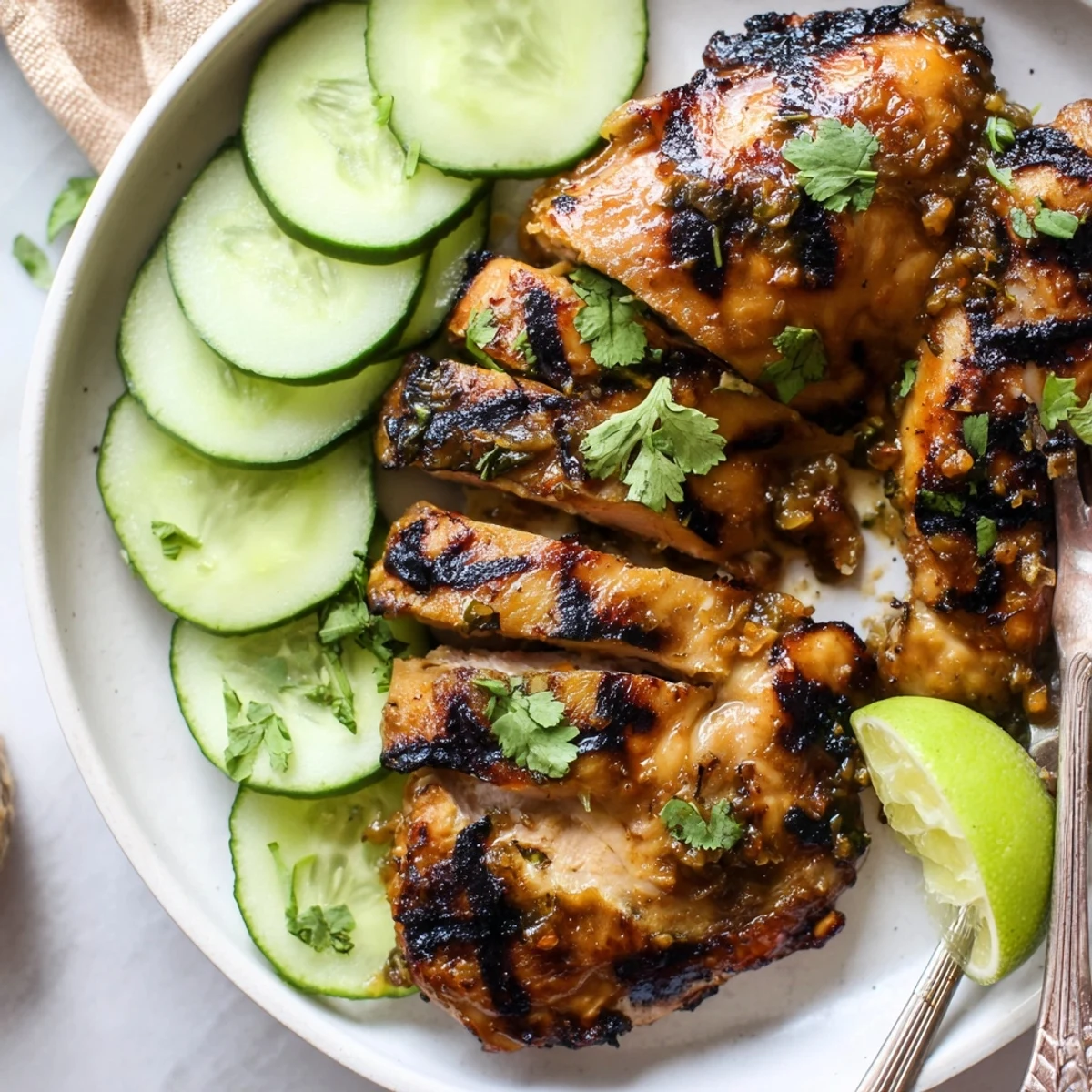 Juicy sliced Grilled Vietnamese Chicken thighs served alongside crisp cucumber and lime wedges