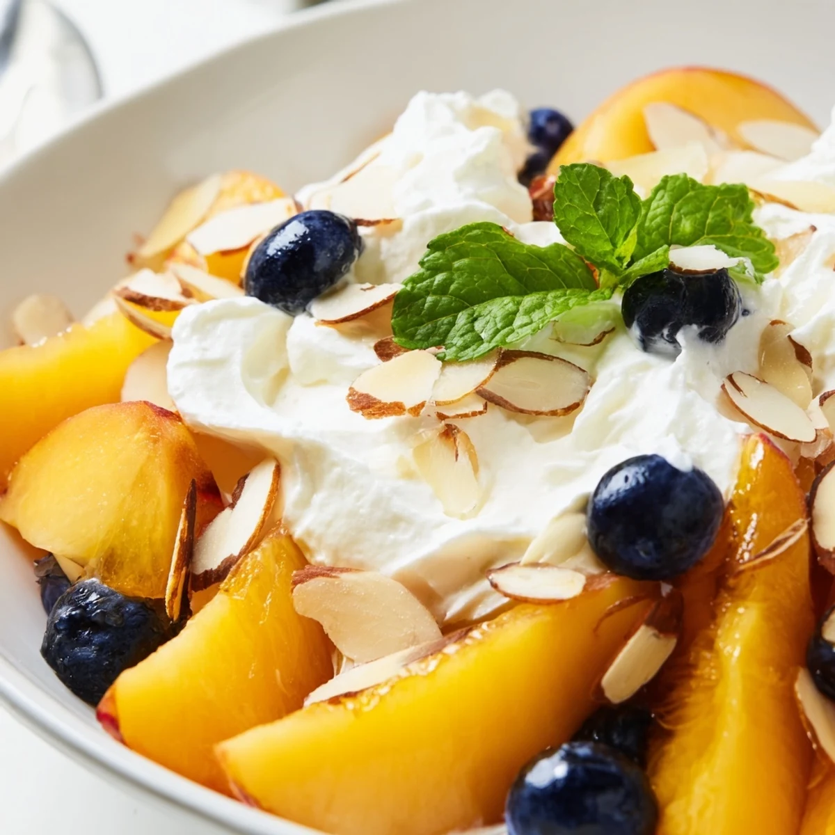 Creamy peaches and cream salad layered with ripe fruit and whipped topping
