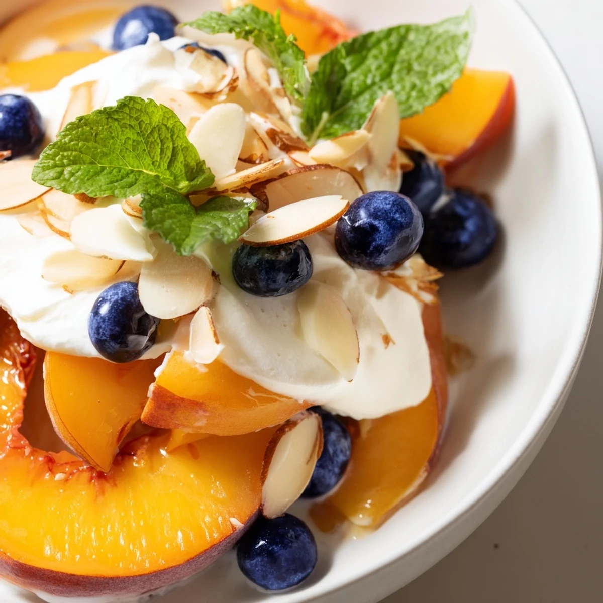 Chilled peaches and cream salad topped with fresh mint and sliced almonds