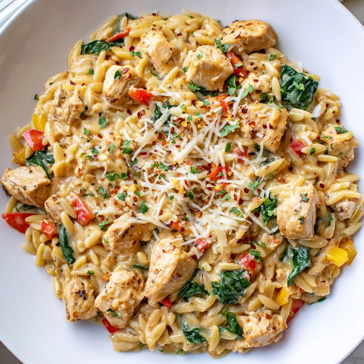 Creamy One Pot Cajun Chicken Alfredo Orzo served in a rustic skillet with fresh parsley garnish