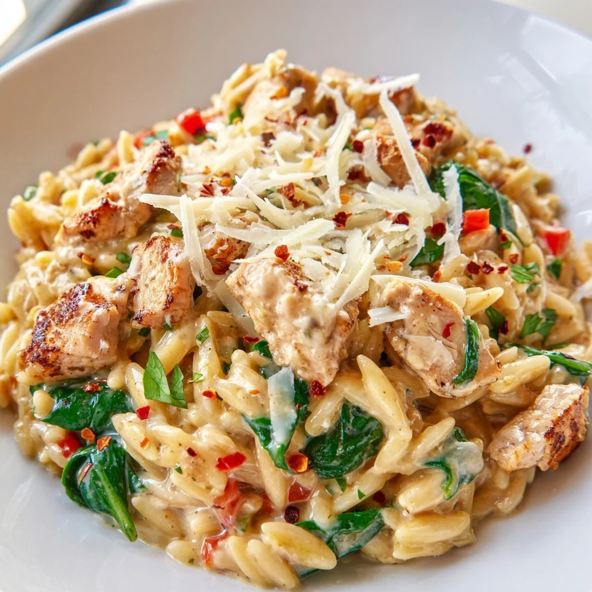 Steaming bowl of One Pot Cajun Chicken Alfredo Orzo with tender meat and silky sauce