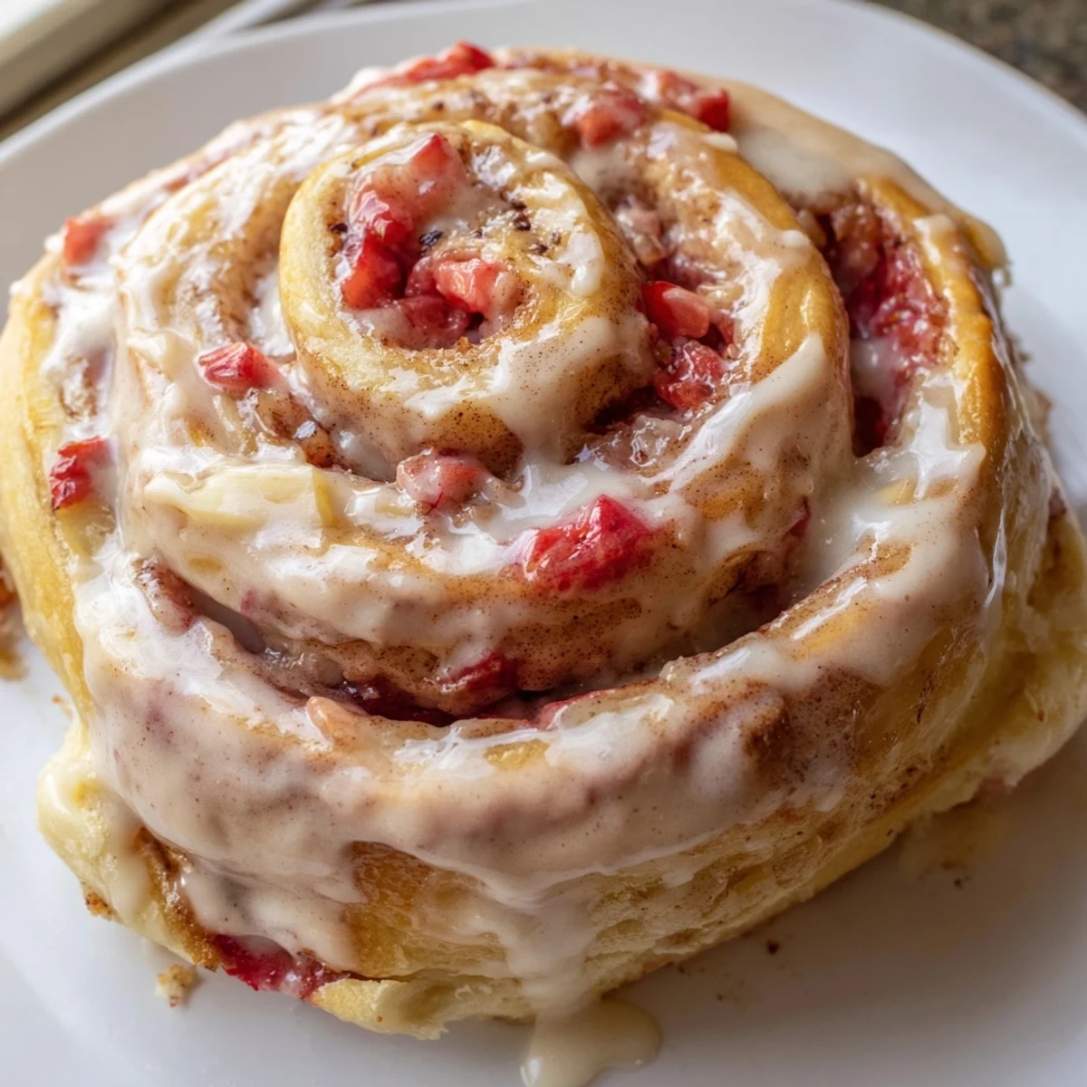 Golden Strawberry Cheesecake Cinnabon Rolls drizzled with creamy vanilla glaze on white plate