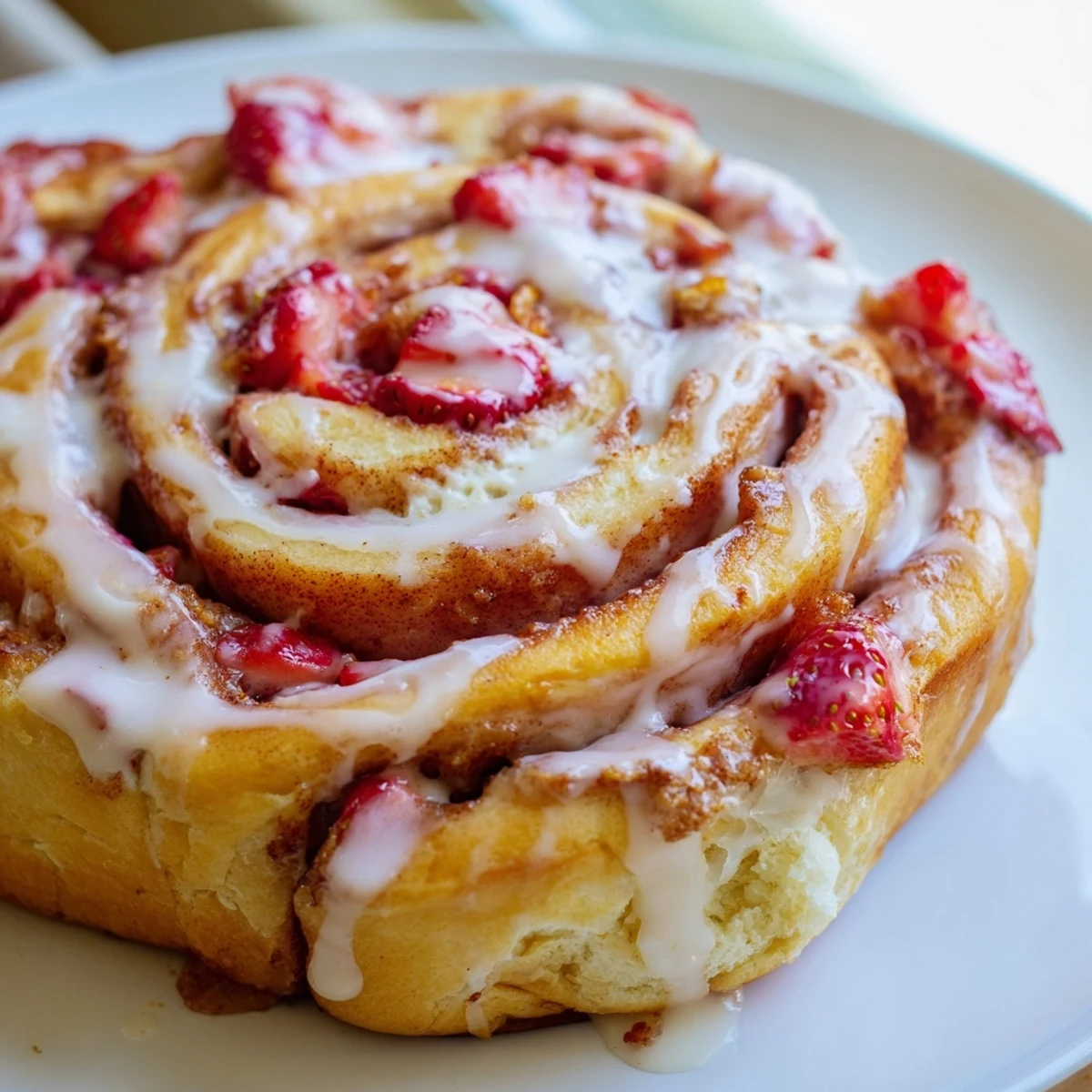 Swirled Strawberry Cheesecake Cinnabon Rolls with ruby red berries and luscious cream cheese frosting