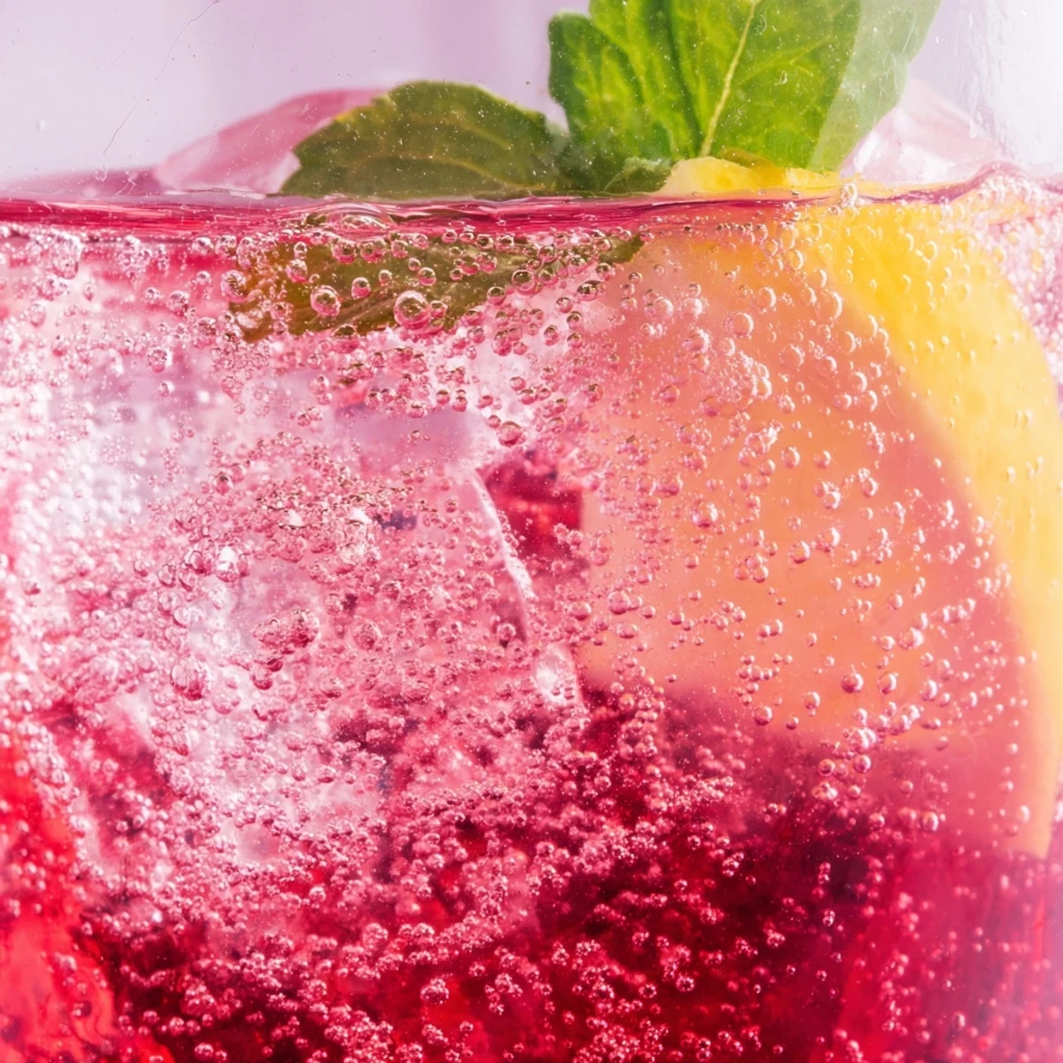 Honey lemon pink soda served over ice with fresh mint and lemon slices