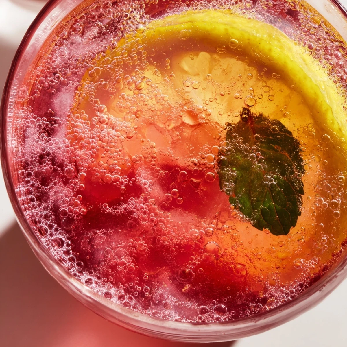 Sparkling honey lemon pink soda in a tall glass garnished with mint leaves