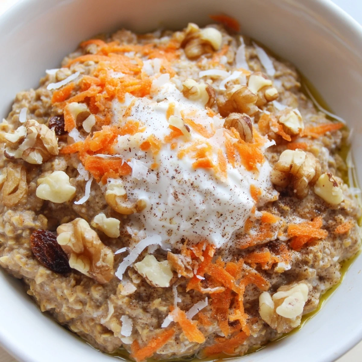 Creamy carrot cake overnight oats topped with grated carrots, raisins, and walnuts in a mason jar