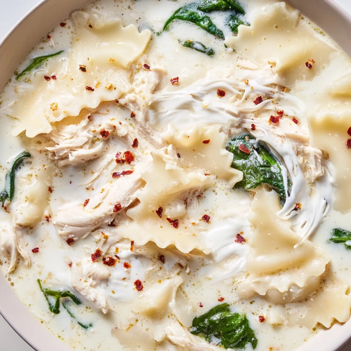 Steaming bowl of quick white lasagna soup topped with melted mozzarella and fresh cracked pepper