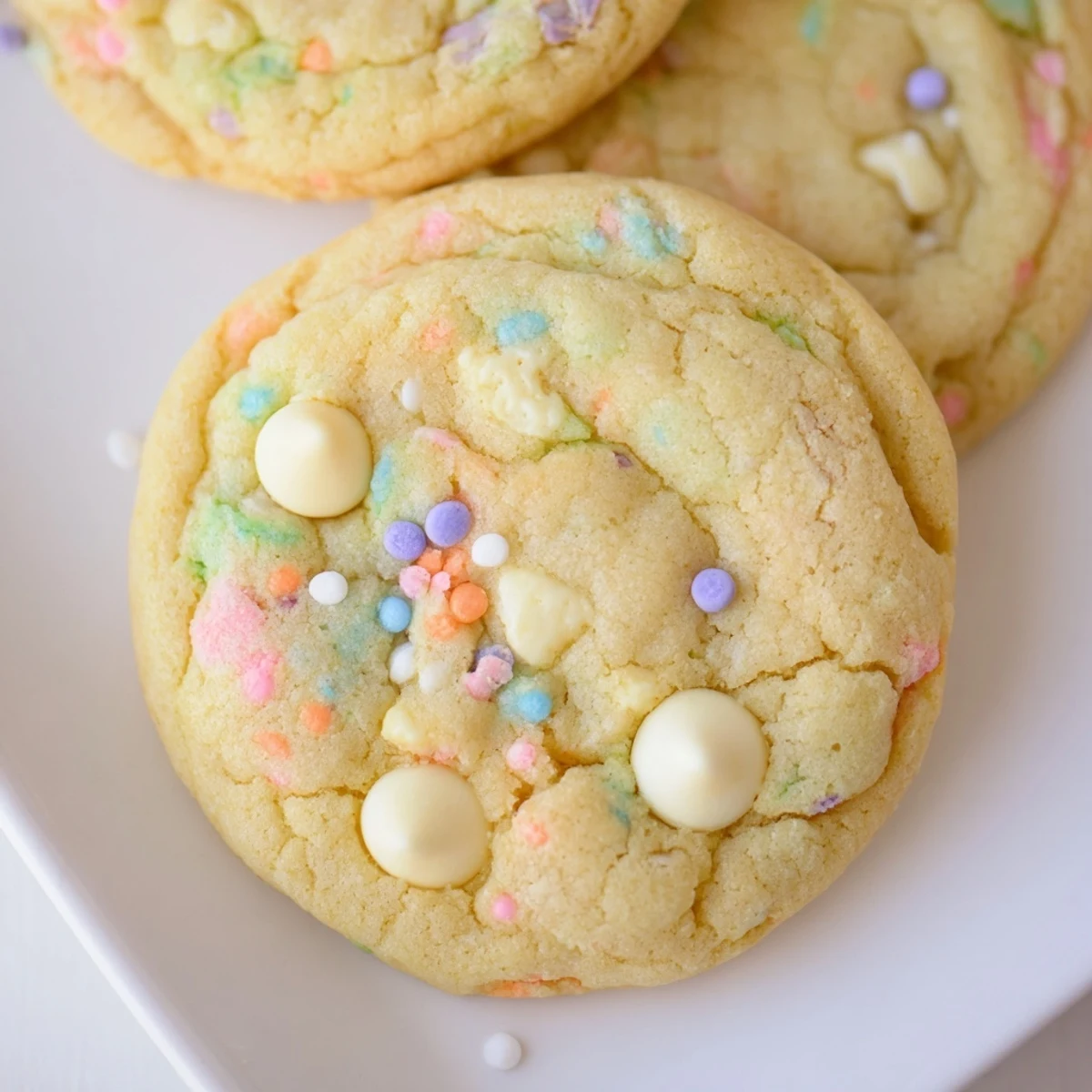 Soft pastel white chocolate cookies with colorful sprinkles stacked on a rustic wooden serving board