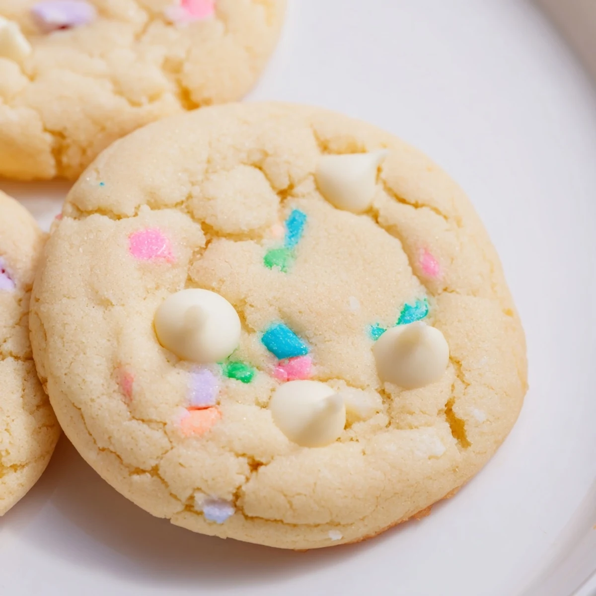 Creamy white chocolate chips and pastel sprinkles dotted throughout soft baked American dessert cookies