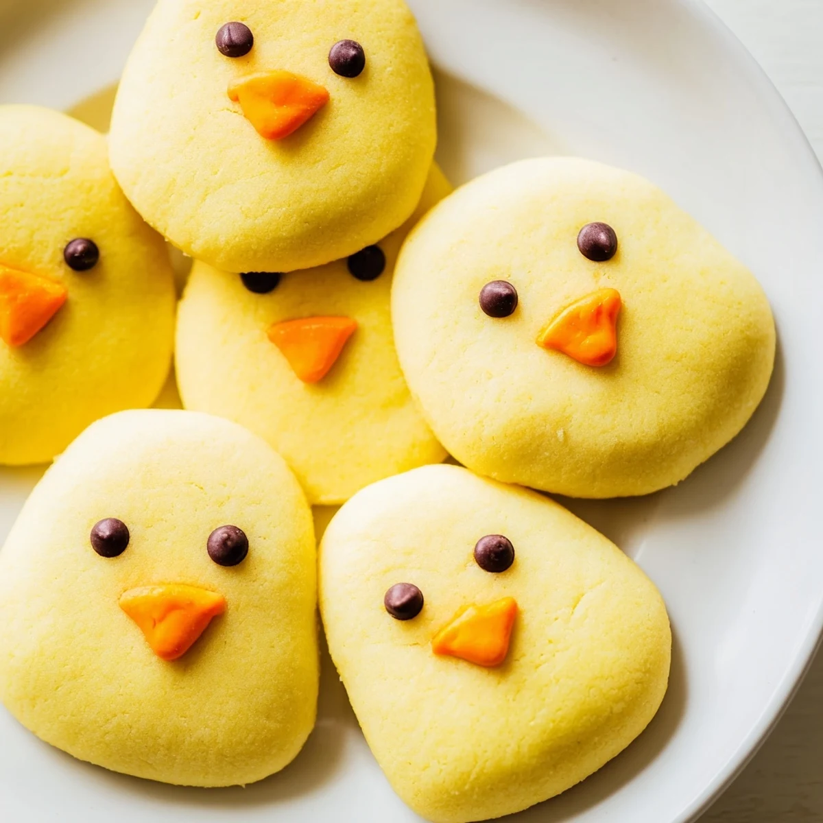 Adorable Chick Cookies with bright yellow frosting and cute candy faces on a rustic baking sheet