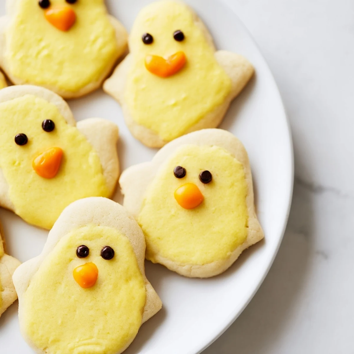 Golden Chick Cookies decorated with chocolate chip eyes and orange candy beaks ready for serving