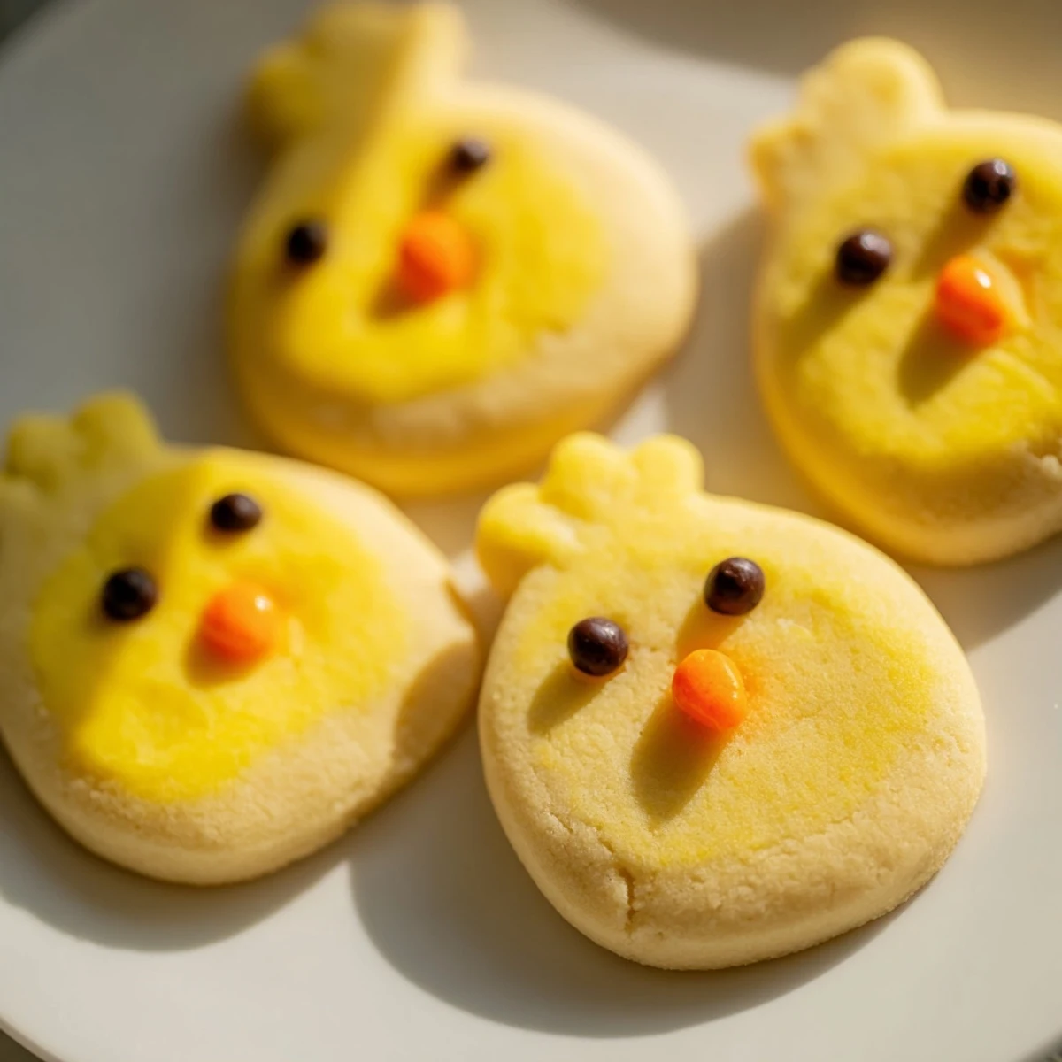 Buttery Chick Cookies arranged on a white platter with pastel spring sprinkles for festive celebrations