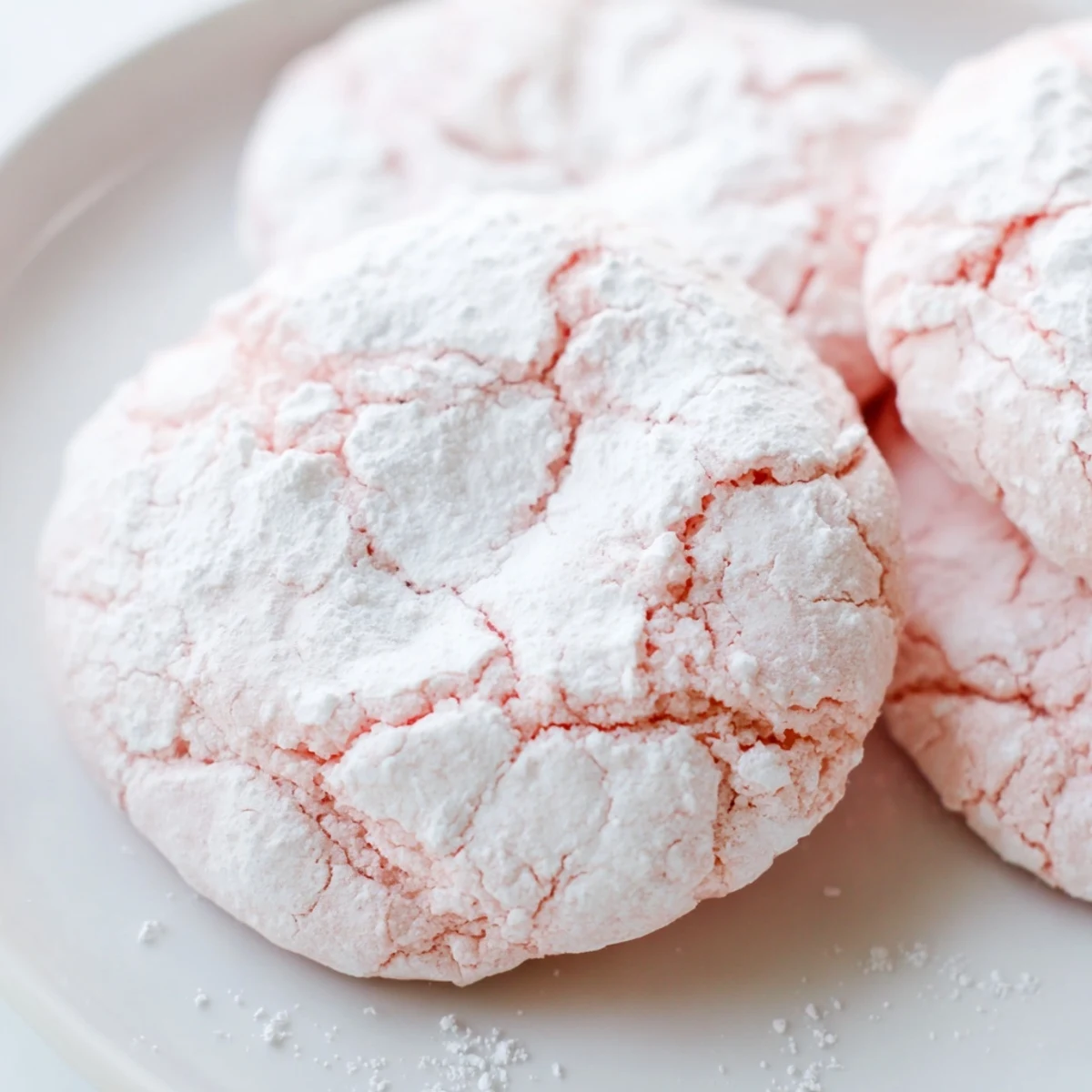 Soft pastel crinkle cookies with snowy powdered sugar coating on rustic white baking sheet