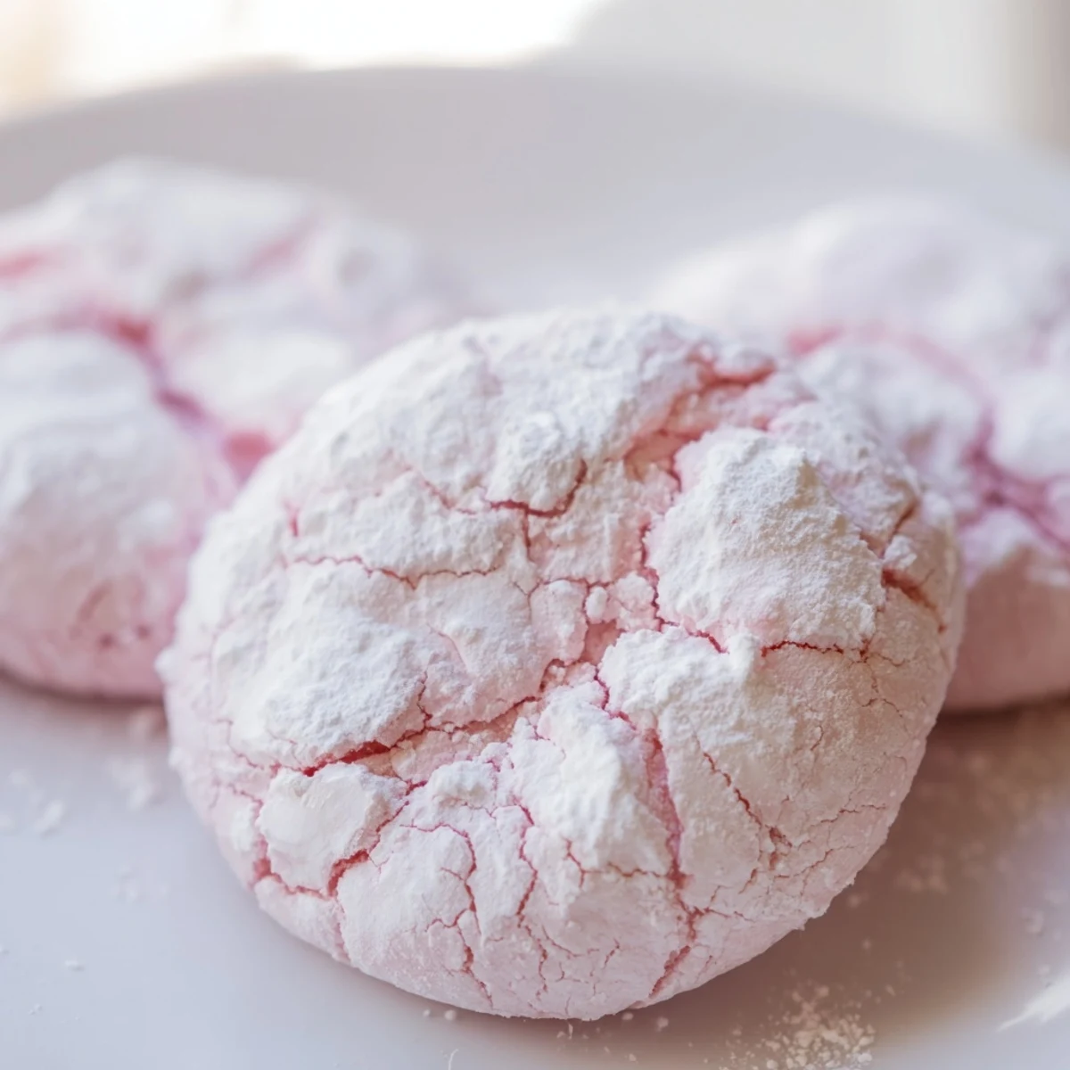Chewy pastel crinkle cookies showing beautiful crackled tops dusted with fine powdered sugar